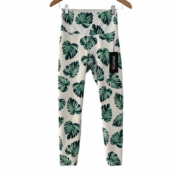 Wildfox Sweat Womens Tropical Banana Leaves Leggings Pants White Green S Small - Picture 1 of 8